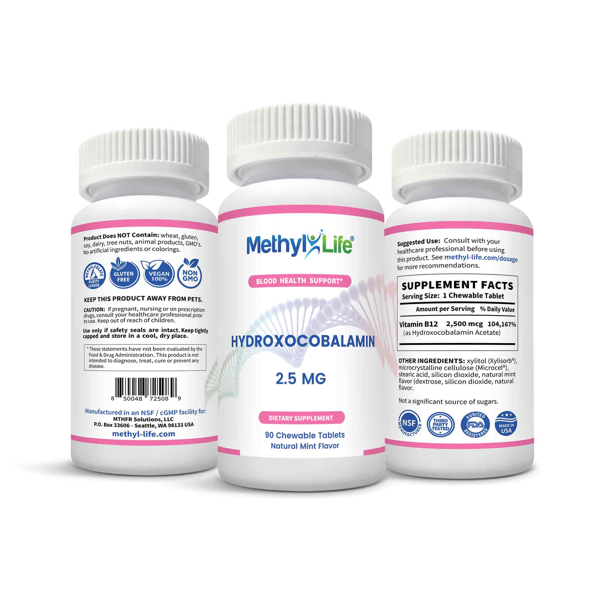Vitamin B12 - Hydroxocobalamin - 3 bottles showing all sides - well-tolerated B12 form - 90 chewables - Methyl-Life