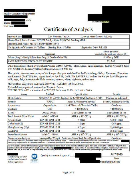5 Methylfolate: 5-mthf L-Methylfolate 5 mg