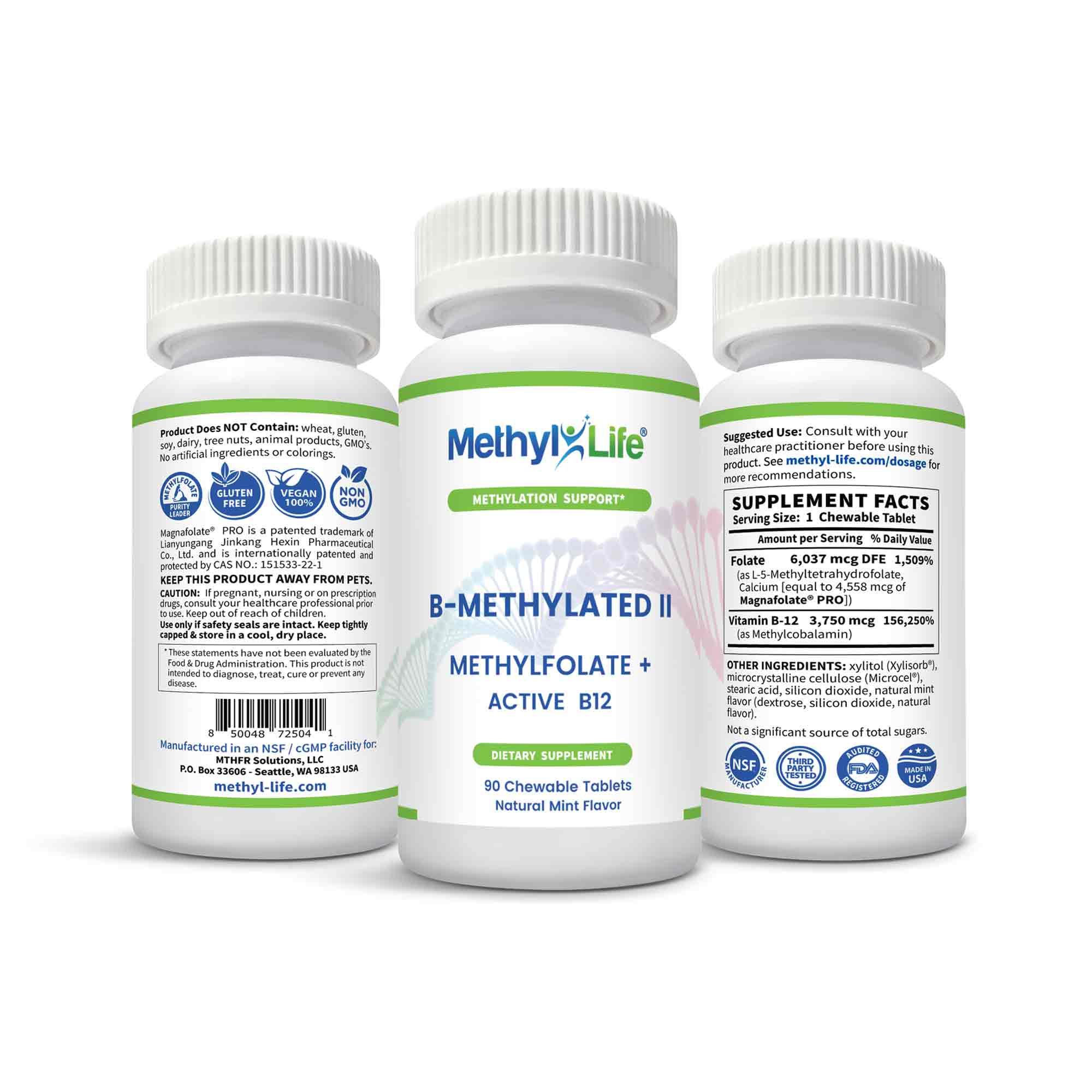 B-Methylated-II - L-Methylfolate 3 mg + Methylcobalamin 3.75 mg - 3 bottles showing all sides - 90 ct - Methyl-Life