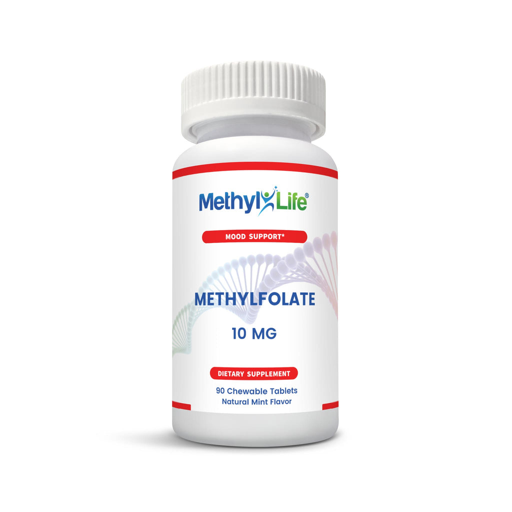 Methylfolate 10 mg - front bottle - Raise Mood - Purest L-Methylfolate - 90 ct chewables - Methyl-Life