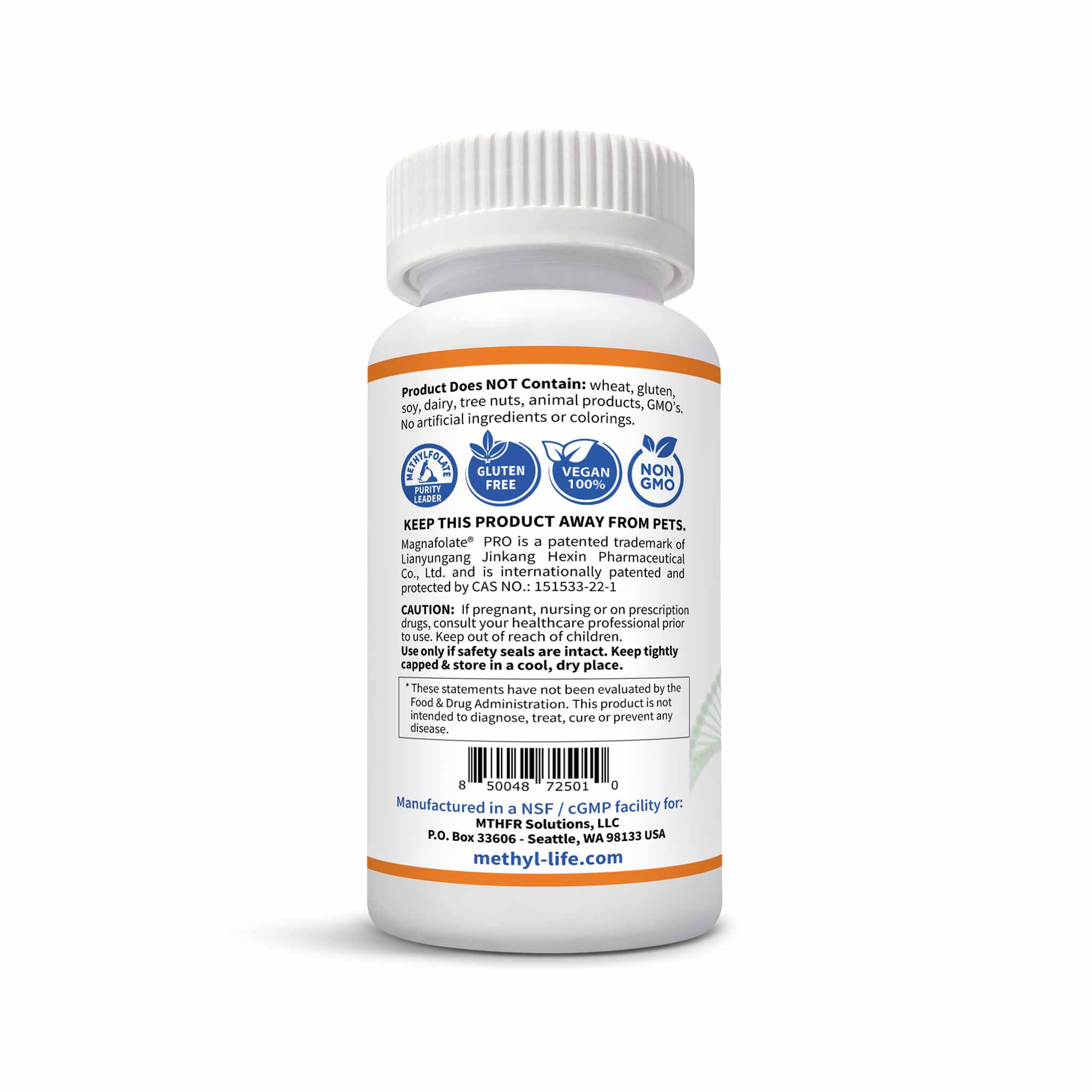 Methylfolate 5 mg - Brain/Mood Health - bottle barcode - Purest L-Methylfolate - 90 ct chewables - Methyl-Life