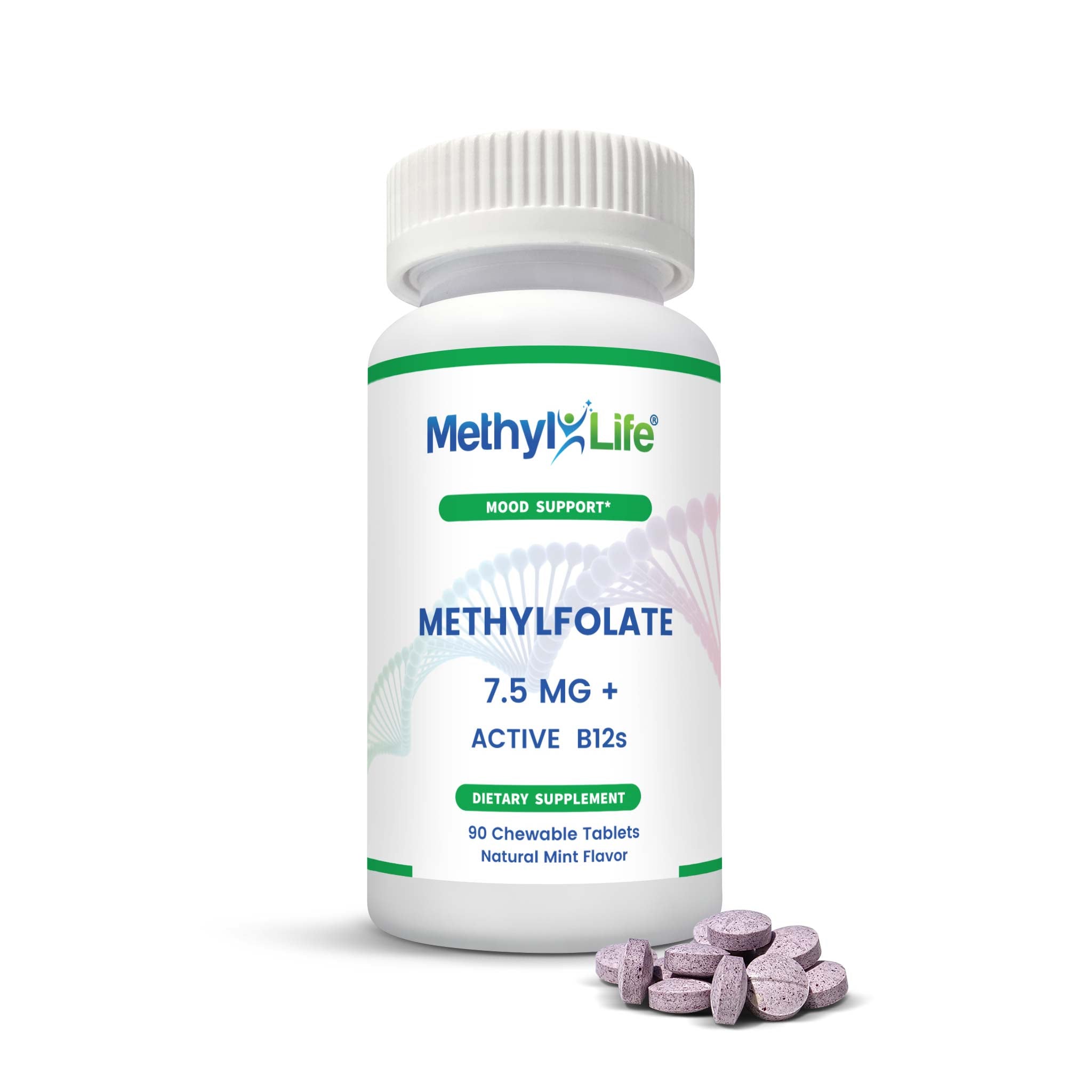 Methylfolate 7.5 mg bottle with chewable tablets (Purest L-Methylfolate) + Active B12s - 90 ct - Methyl-Life