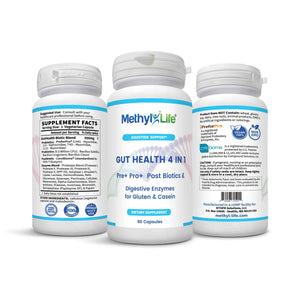 Gut Health 4 in 1 product 3 bottles showing all label sides