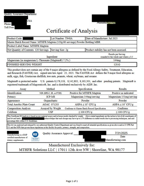L-Threonate Magnesium: 120 grams Pure Magtein®