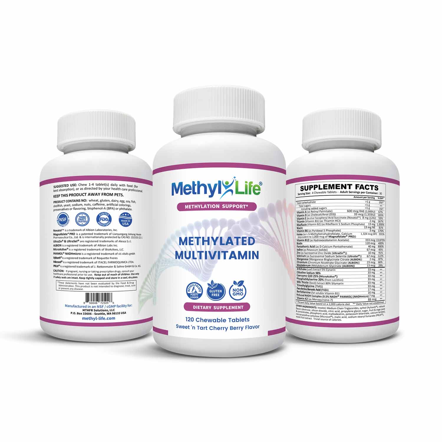 Chewable Methylated Multivitamin - L-methylfolate + Active B12 - bottle all 3 sides - 30 Adult Servings - Methyl-Life