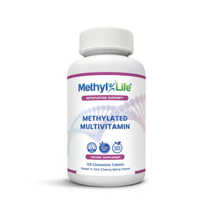 Chewable Methylated Multivitamin - L-methylfolate + Active B12 - bottle front - 30 Adult Servings - Methyl-Life