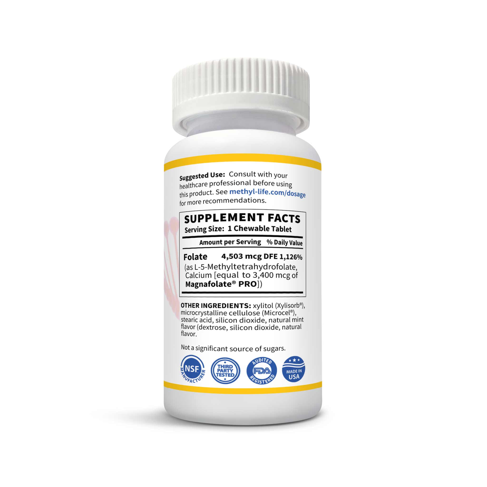 Purest Active L-Methylfolate 2.5 mg - bottle supplement facts - 90 ct chewables - Methyl-Life