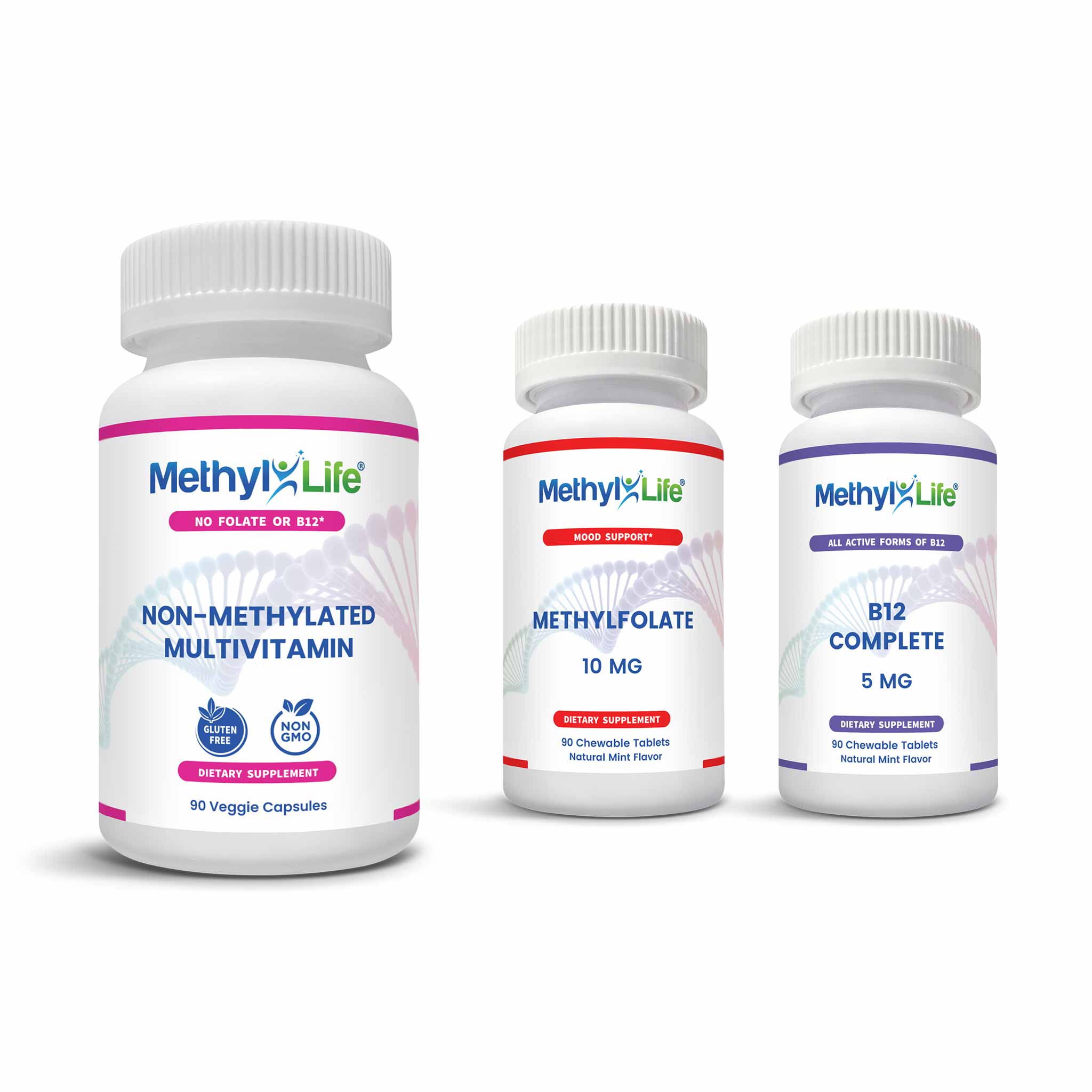 Mood Support Bundle (3 product bottles) - L-Methylfolate 10 mg + Active B12 Complete + Non-Methylated Multivitamin - Methyl-Life