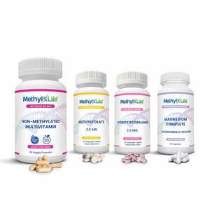 MTHFR Beginner's Bundle (4 product bottles + caps/tabs) - L-Methylfolate 2.5, Active B12, Non-Methylated Multi, Magnesium Caps - Methyl-Life