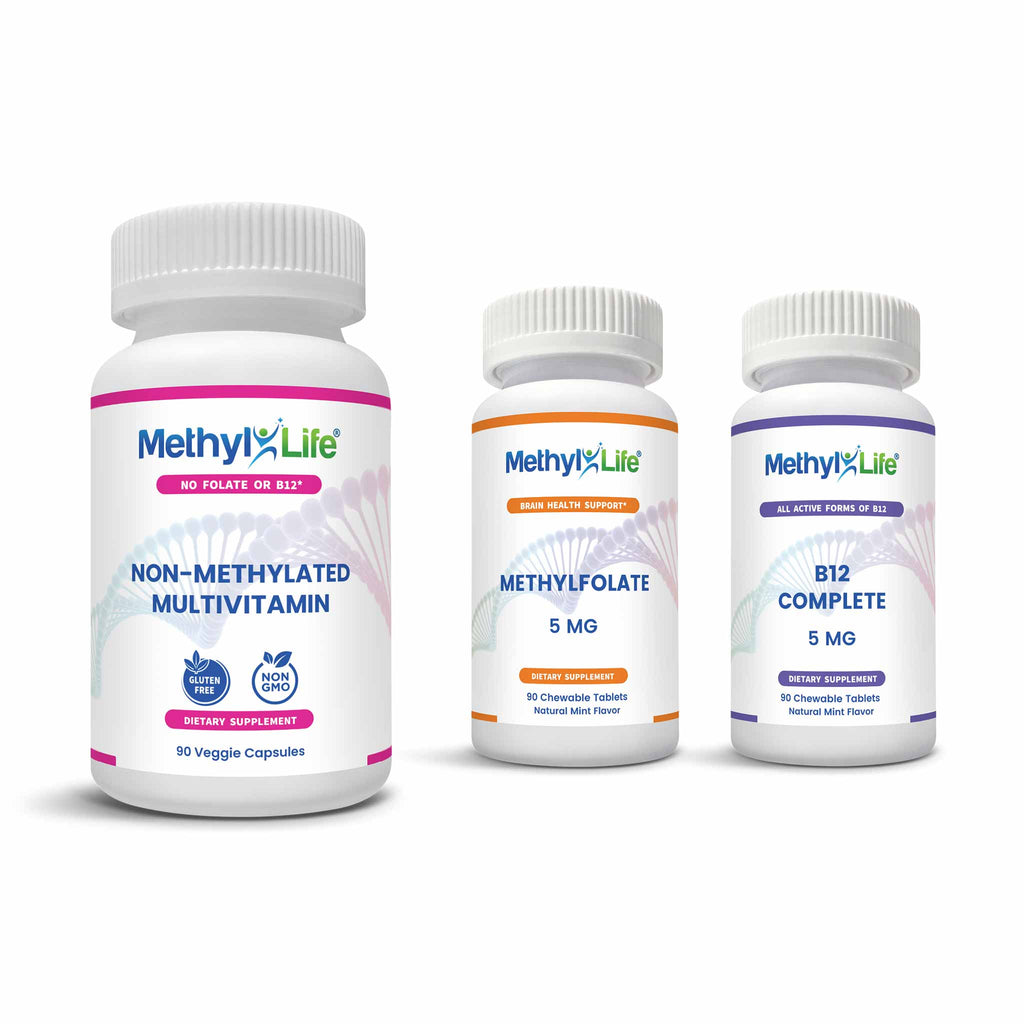 Cognitive Health Bundle (3 product bottles) - L-Methylfolate 5 mg + Active B12 Complete 5 mg + Non-Methylated Multi - Methyl-Life