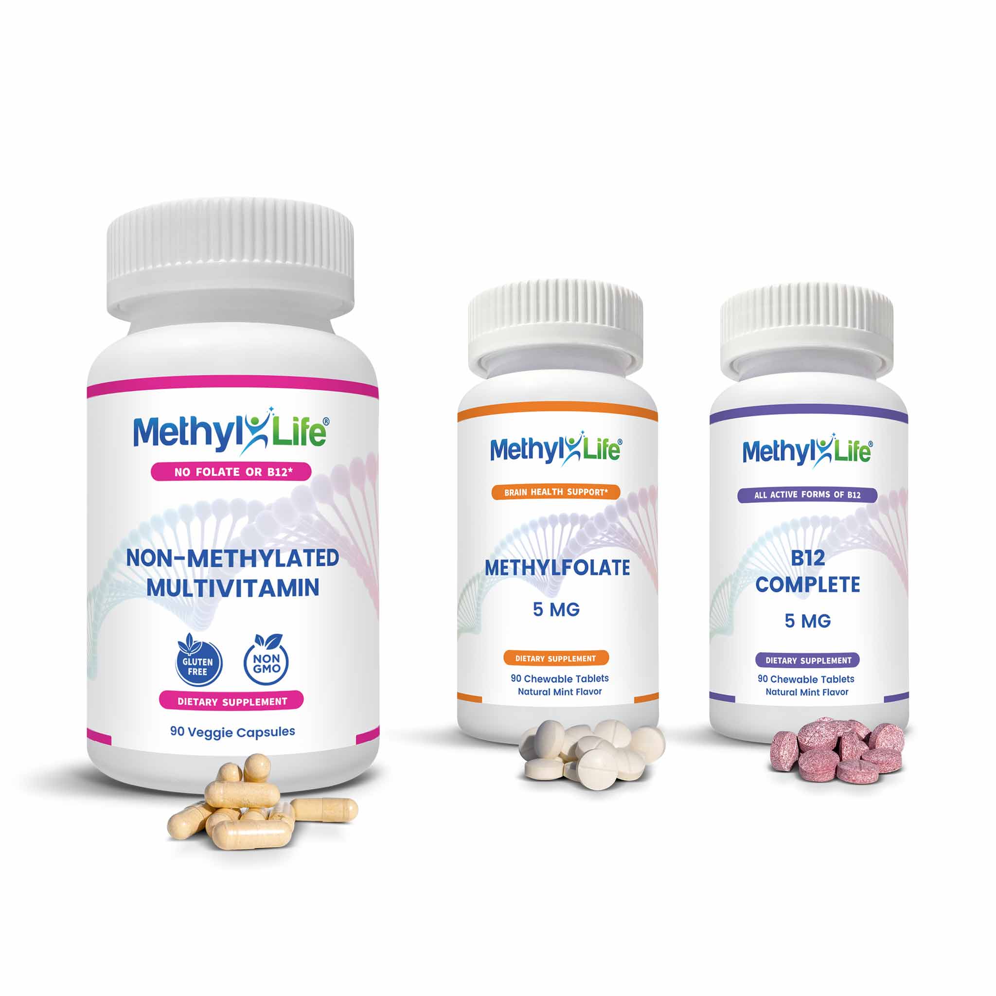 Cognitive Health Bundle (3 product bottles + caps/tabs) - L-Methylfolate 5 mg + Active B12 Complete 5 mg + Non-Methylated Multi - Methyl-Life