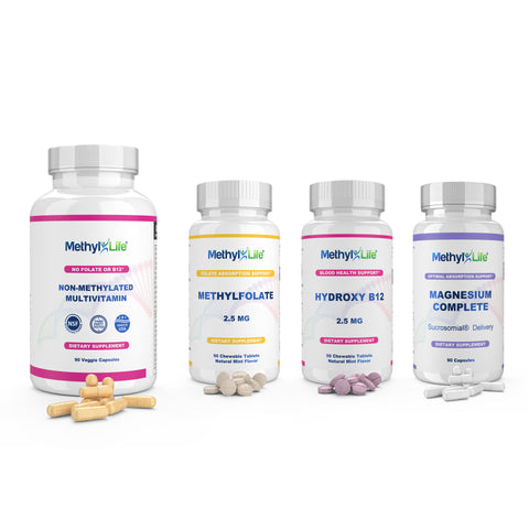 MTHFR Supplements Beginner Bundle: L-Methylfolate, B12, Multi & Magnesium Methyl-Life Supplements MTHFR Supplements Beginner Bundle: L-Methylfolate, B12, Multi & Magnesium Methyl-Life Supplements