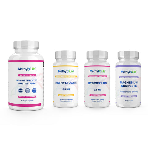MTHFR Supplements Beginner Bundle: L-Methylfolate, B12, Multi & Magnesium Methyl-Life Supplements MTHFR Supplements Beginner Bundle: L-Methylfolate, B12, Multi & Magnesium Methyl-Life Supplements