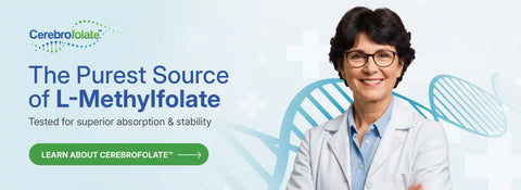 Advertisement for Cerebrofolate, featuring a smiling woman in a lab coat and information about L-methylfolate.