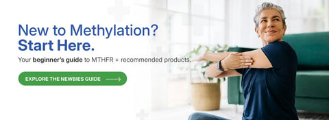 A banner ad for a beginner’s guide to methylation and MTHFR, featuring a woman stretching.
