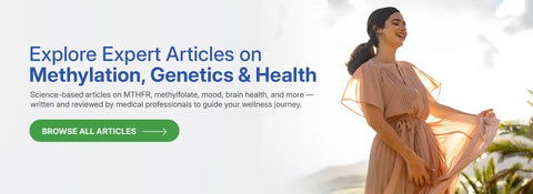 Banner promoting articles on methylation, genetics, and health.