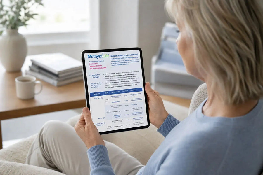 Black-framed tablet displaying a ’methyl-life’ digital health protocol interface with blue and white text on its screen.