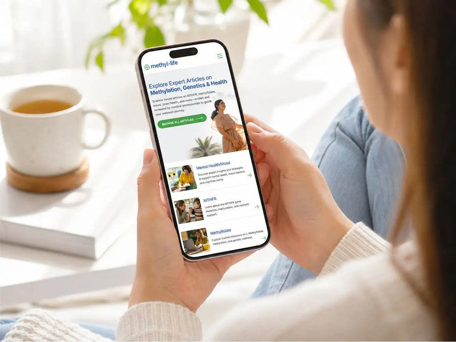 Black smartphone displaying a website with white text and green accents.