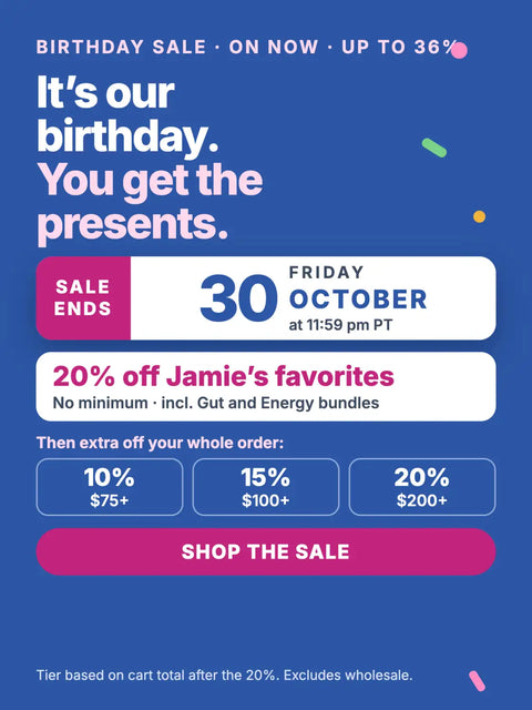 Blue and pink digital birthday sale advertisement with white text announcing a 36% discount ending october 30th.