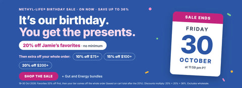 Blue and white promotional calendar for a methyl-life birthday sale ending friday, october 30.