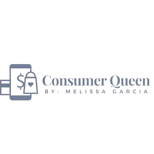 Consumer queen by melissa garcia logo, featuring a stylized graphic of a smartphone with a dollar sign and heart icon in gray tones.