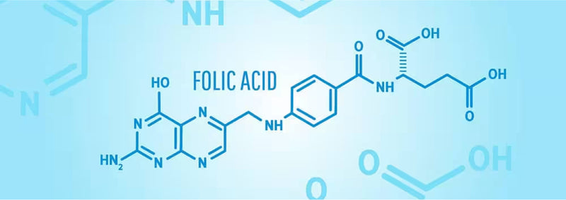 Folic Acid Chemical Formula on Blue Medical Background with Molecules