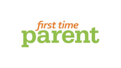 The logo for ’first time parent’ in orange and green lettering.