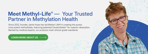A promotional banner for a methylation health product featuring a smiling woman.