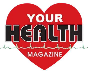 Red heart-shaped logo for your health magazine featuring bold black text and a green heartbeat line.