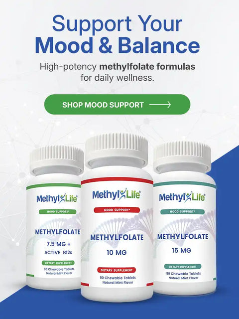 Three bottles of methylfolate dietary supplements.