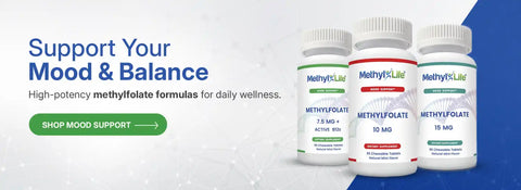 Three bottles of methylfolate supplements for mood and balance.