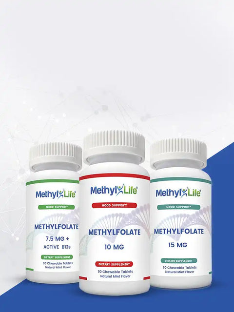 Three bottles of MethylLife Methylfolate supplements.