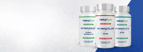 Three white bottles of methyl-life methylfolate dietary supplements, each with a silver cap and labeled for 7.5 mg, 10 mg, or 15 mg doses.
