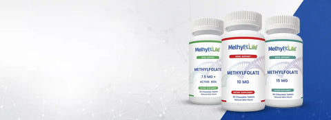 Three white bottles of Methylfolate supplements with different dosages and formulations.