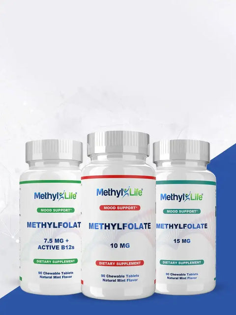Three white plastic bottles of methyllife methylfolate dietary supplements, each with a silver cap and labeled for different dosages: 7.5 mg, 10 mg, and 15 mg, all featuring natural mint flavor.