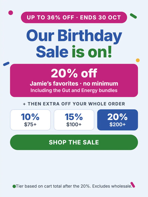 A vibrant promotional graphic for a birthday sale featuring bold text and colorful discount tiers.
