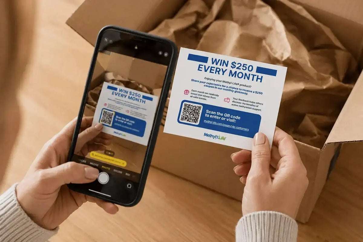 White and blue promotional card for a monthly $250 giveaway from methyllife.
