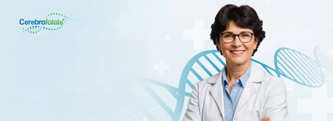 A smiling woman in a lab coat and glasses.