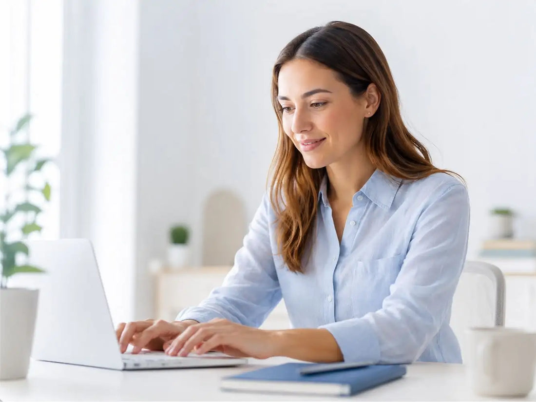 A woman in a light blue button-down shirt is seated at a desk, typing on a silver laptop.