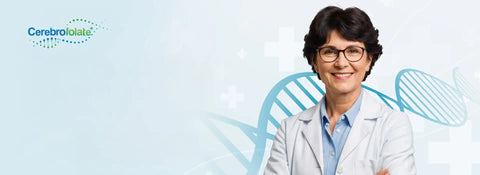 A smiling woman with short dark hair and glasses, wearing a white lab coat over a light blue collared shirt.