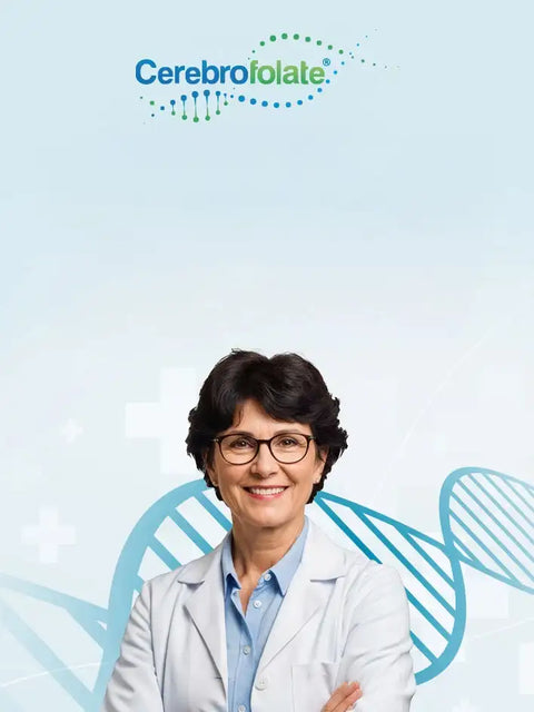 A smiling woman in a white lab coat and glasses stands confidently with her arms crossed, wearing a light blue collared shirt underneath.